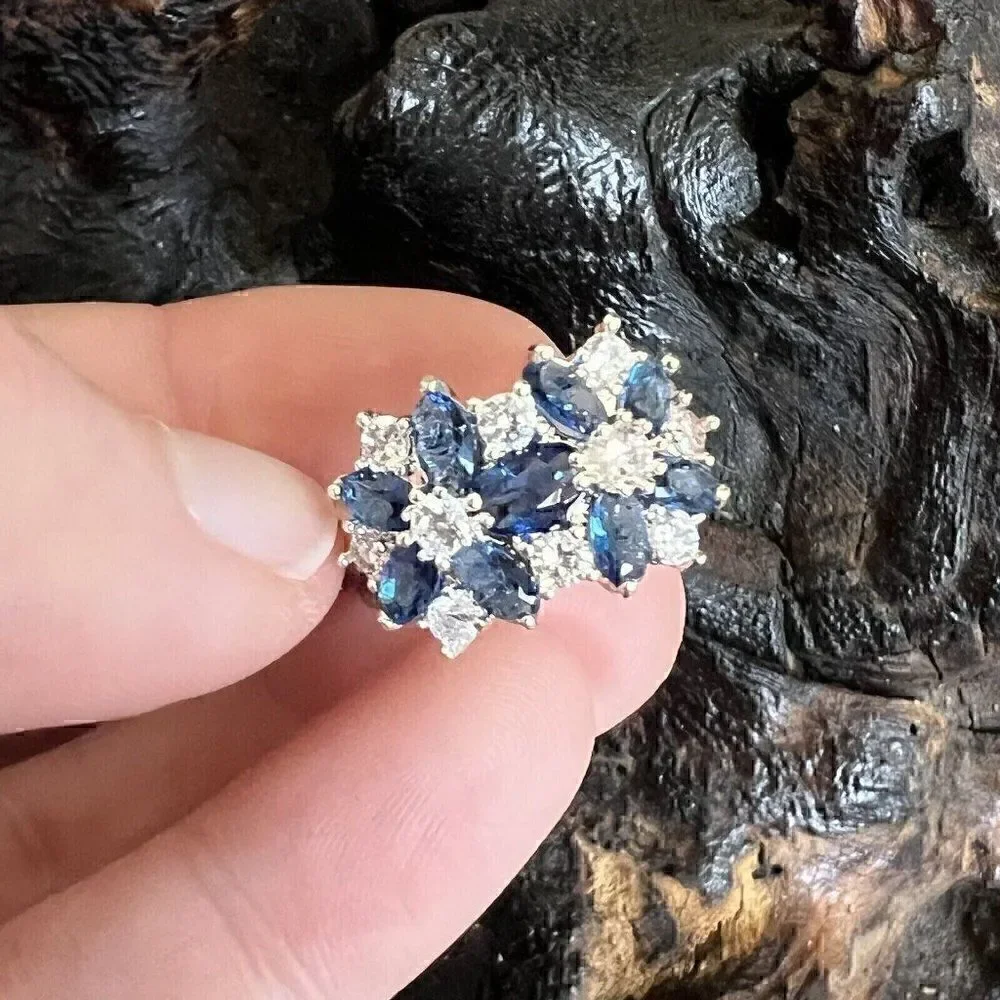Large Statement Floral Cluster Ring Size 6 Blue Clear Silver Tone Prong Set